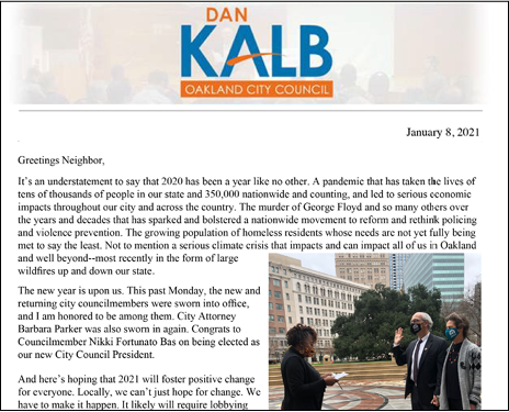 Message from Oakland City Council Dan Kalb following swearing in ceremony.