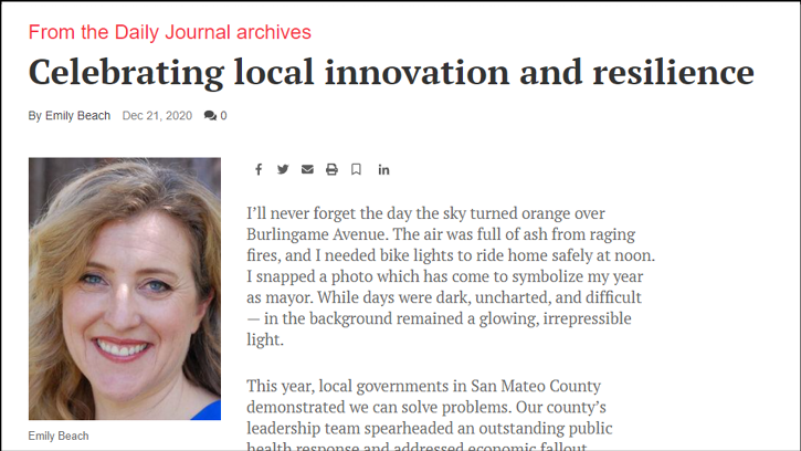 Burlingame Mayor Emily Beach celebrates the local innovation. Credit: The San Mateo Daily Journal